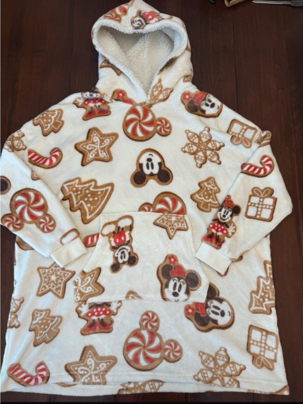 Disney Cream Holiday Hooded Pullover with Red & Brown Character Print WOMANS